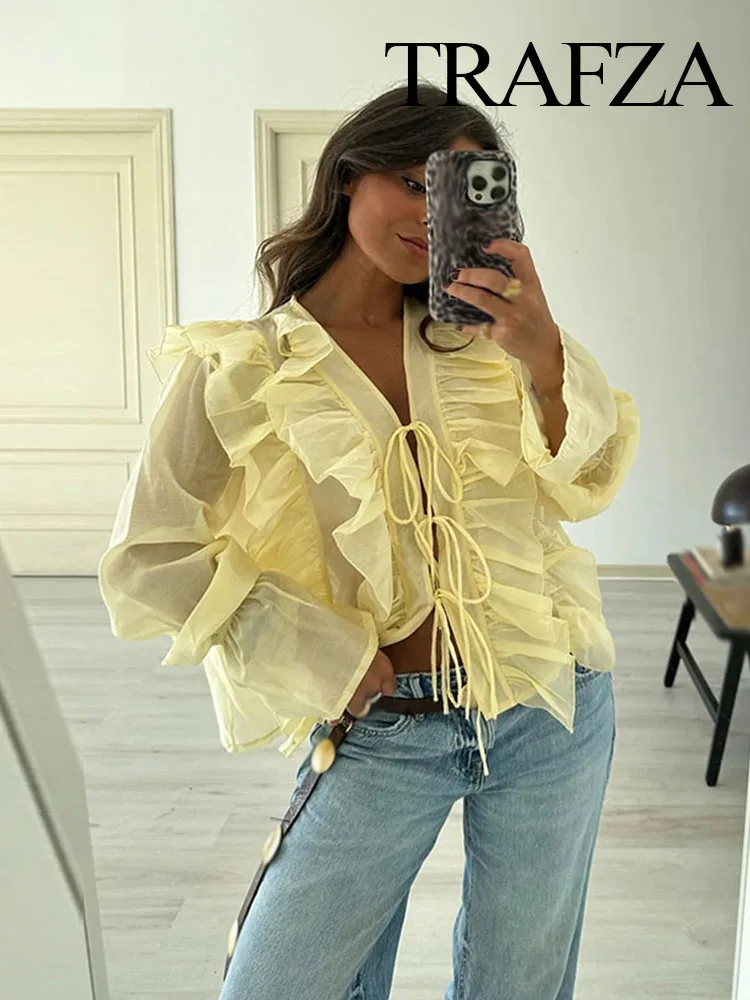 TRAFZA Woman's Summer Casual Slim Yellow Shirts Long Sleeves Bow Lace-Up Decoration Female New Fashion Chic V-Neck Blouses