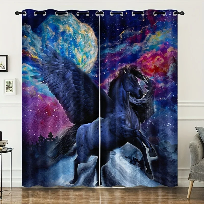 

2 Panels Animal Flying Horse Printed Curtains Polyester Fiber Fashion Printed Curtain For Bedroom Kitchen Living Room Home Decor