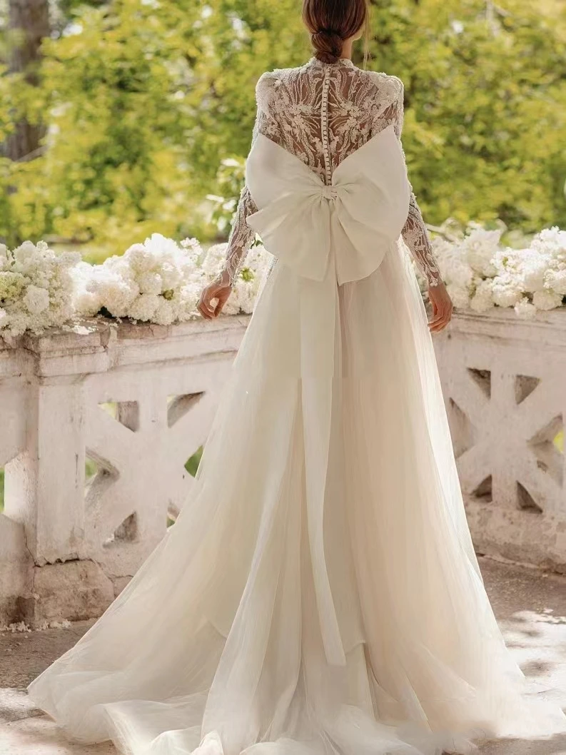 Bohemia Wedding Dresses Vintage Tulle Bridal Gown Lace Appliques Long Sleeves High Neck A-Line Robe Vestidos De Novia Customized 2