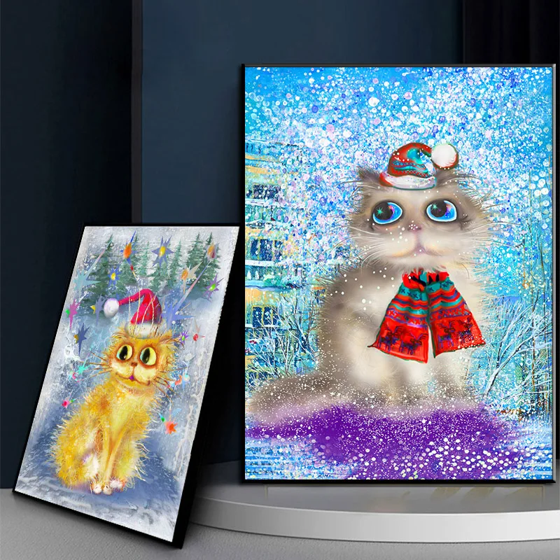 

Nordic Art Painting Animal Fluffy Cat In Scarf At Winter Street Canvas Posters and Prints Wall Picture for Christmas Home Decor