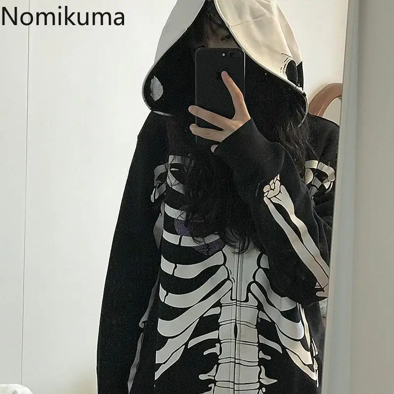 Harajuku Hoodie Women Clothing Streetwear Oversized Tops Clothes for Women Hooded Skull Print Fashion Casual Y2k Sweatshirt Coat