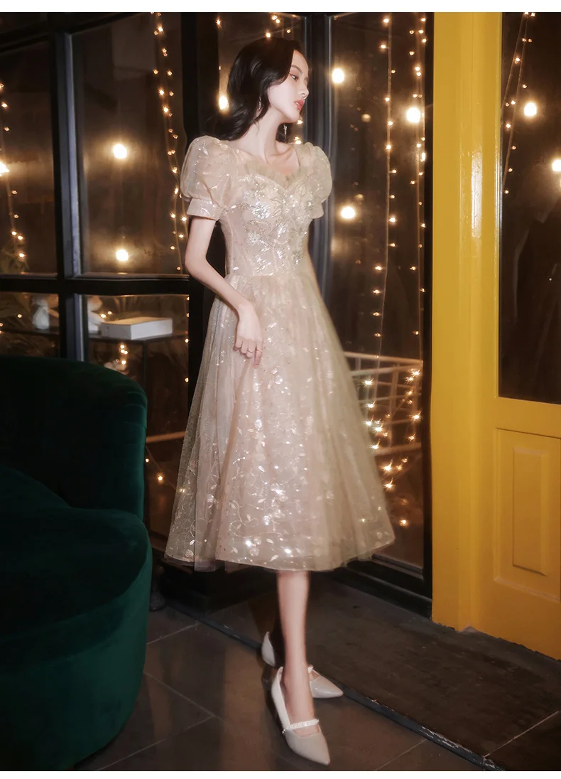 hot pink prom dress Champagne Midi Dresses For Christmas Party 2021 Elegant Sweetheart A-Line Tea-Length Sequined Lace Semi Formal Gowns Cocktail navy blue prom dresses