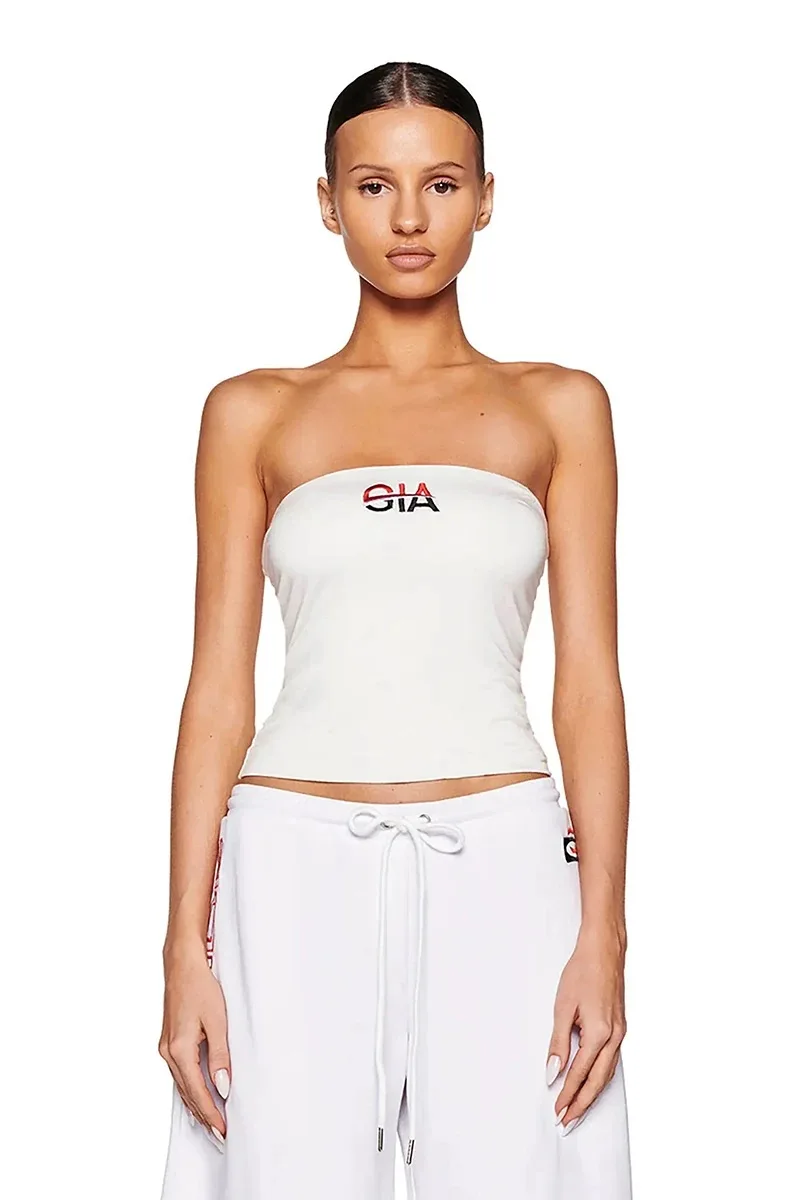 iamgia white strapless top white low-rise sports sweatpants loose mopping embroidery design