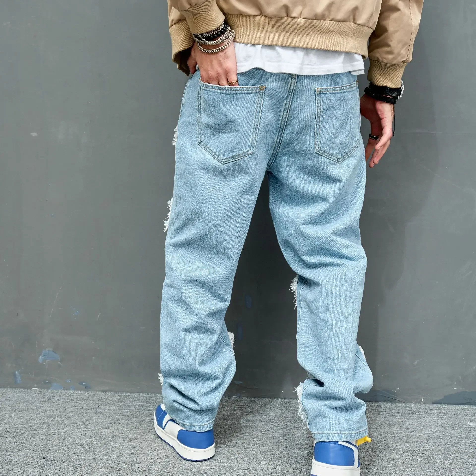 European and American Fashion Youth Bionic Jeans Solid Color Slim-Fit Ripped Stretch Jeans