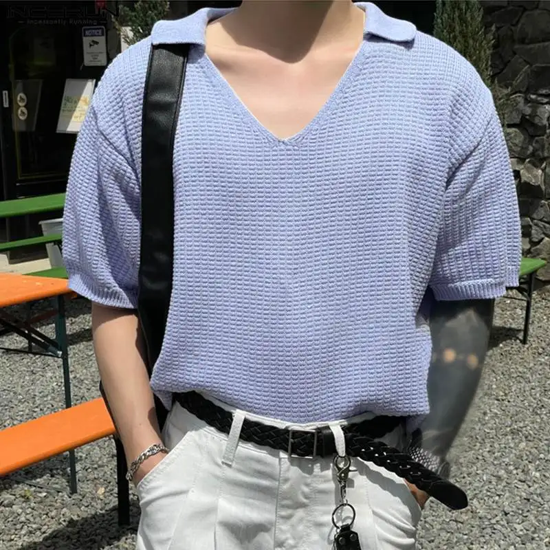 

INCERUN Tops 2023 Korean Style New Mens Solid Simple All-match Shirts Casual Streetwear V-shaped Short Sleeve Lapel Blouse S-5XL