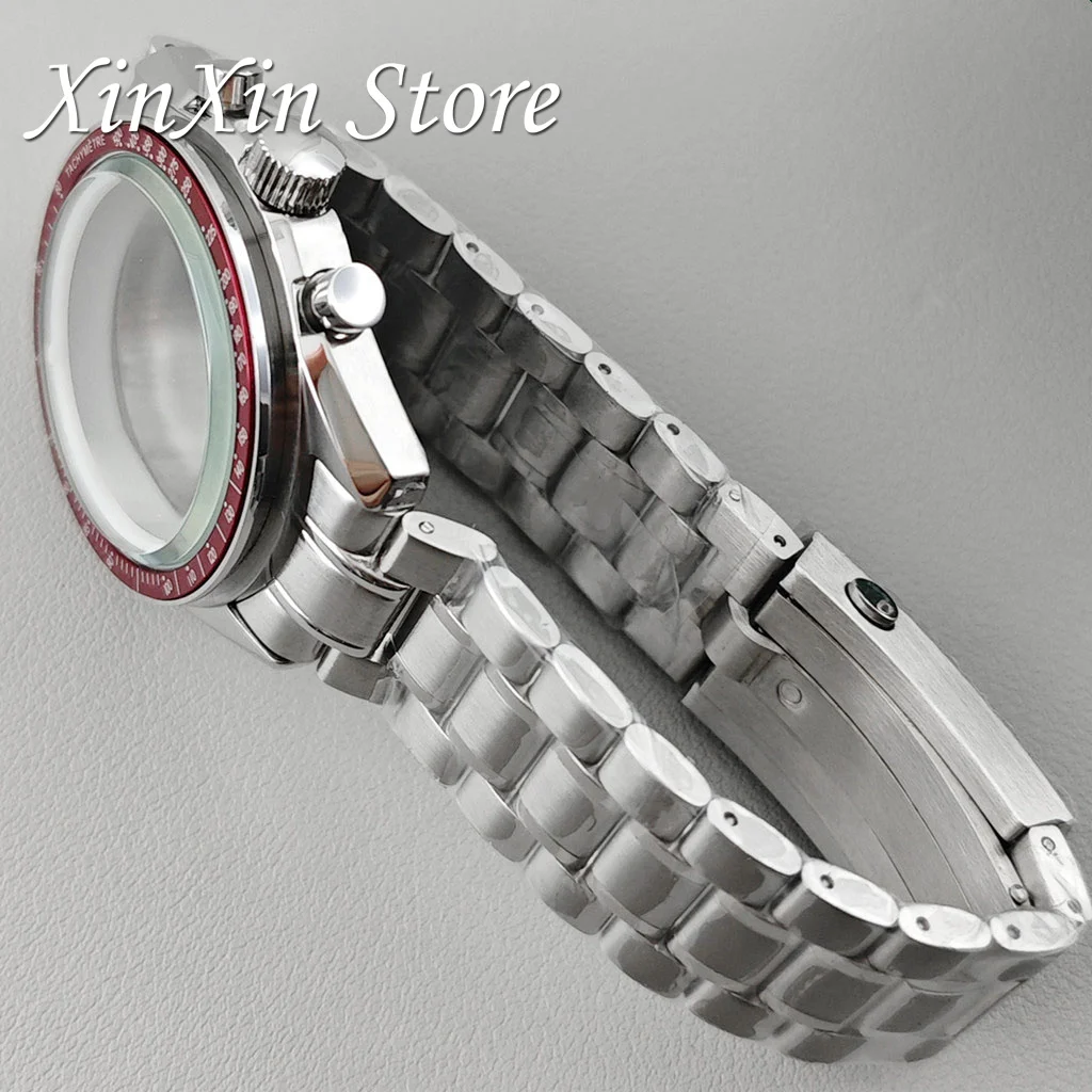 Elegant 39.7mm Red Bezel Speedmaster Watch Case with Quartz Movement Compatibility for 20mm Steel Band and 32.5mm Dial