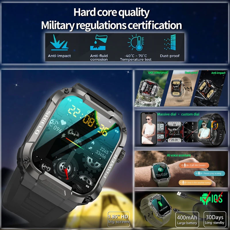 Rugged Military Smart Watch Men For Xiaomi Android Ios Ftiness Watches Ip68  Waterproof 1.85'' Bluetooth Call Smartwatch 2023 New