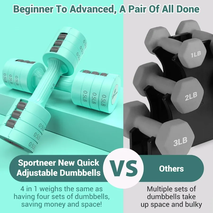 Adjustable Dumbbells Hand Weights Set: 5 lb Dumbbell Set of 2 Each 2lb 3lb 4lb 5lb Free Weights Fast Adjust Weight 4 In 1 Weight