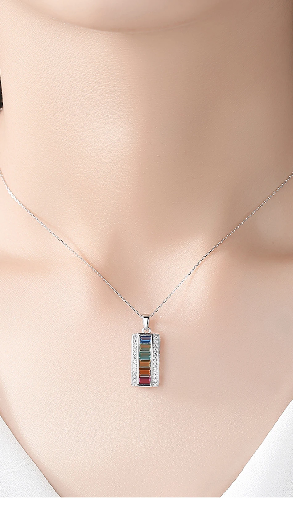 Colliers avec pendentif en argent Sterling avec topaze carrée colorée pour femmes, pierres précieuses artificielles arc-en-ciel, fines pour la mariée_voghion.com