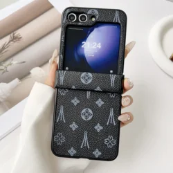 Luxury Pattern Leather Phone Case with Hinge Protective Jacket - Premium 7 - Piece Set - Galaxy Z Flip5 (Black)