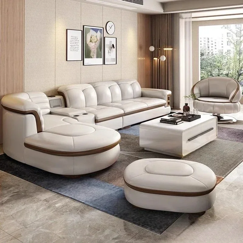 Luxury L-Shaped Genuine Leather Sectional Sofa Sets with USB, Bluetooth Speaker-MINGDIBAO Living Room Italian Leather Couches
