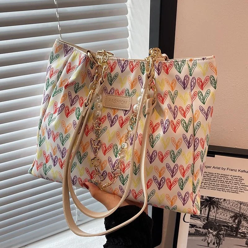 

2023 Large Capacity Tote Canvas Top-Handle Bags for Women Fashion Printing Cute Heart Female Shoulder Bags Casual Commuter Bag