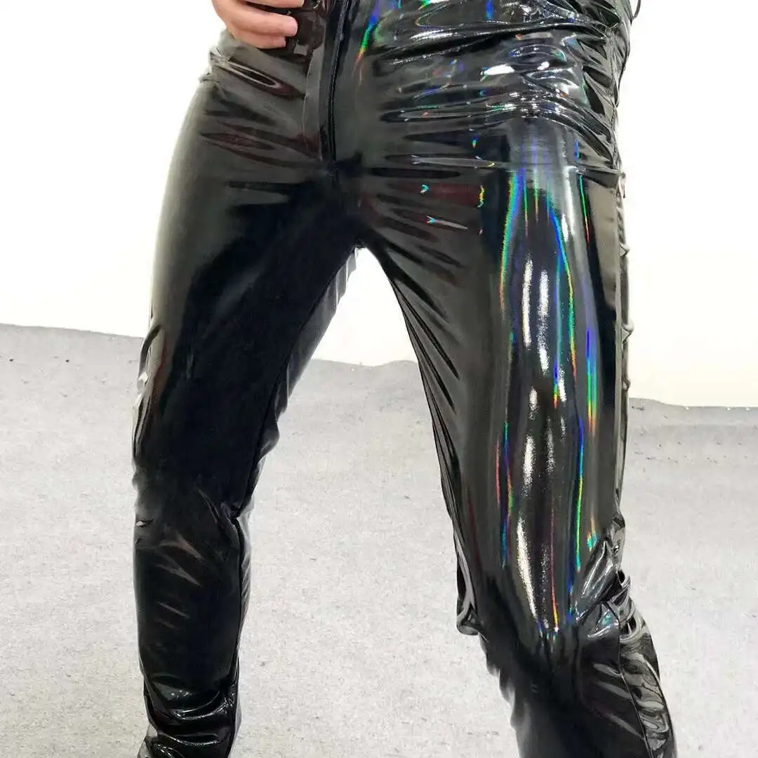 New Colorful Mirror Tight Elastic Leather Pant Men Large Nightclub Versatile Performance Clothes Soft Patent Leather Smooth Sexy