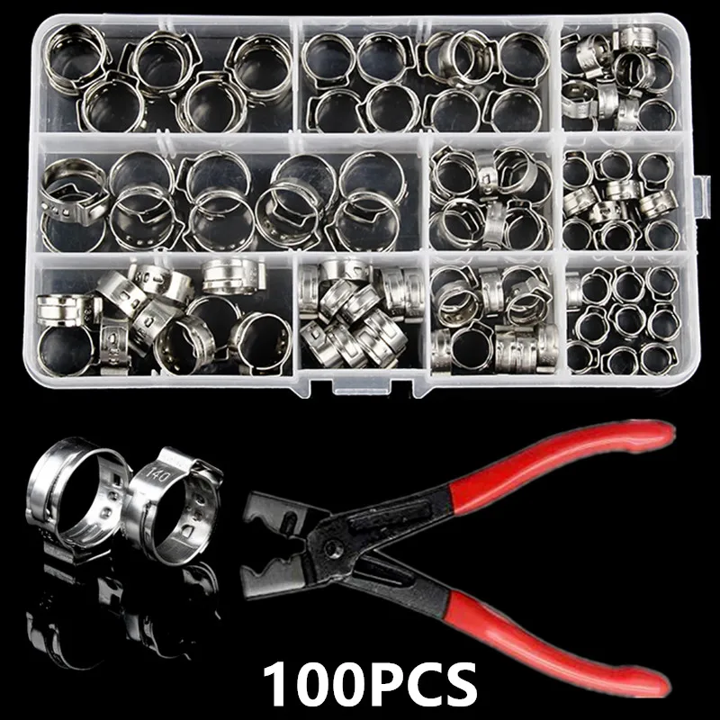 Boxed Stainless Steel Single Ear Hoop Combinação Vise Clamp Anéis Crimp Pinch Grupo Madeira Trabalhando Grampos 100 Pcs