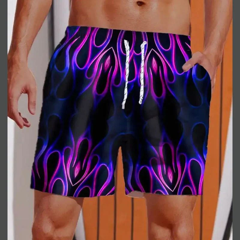 3D Printed Striped Flame Beach Shorts Men's Splicing Grid Pattern Board Shorts Summer Drawstring Breathable Hawaiian Swim Trunks 3