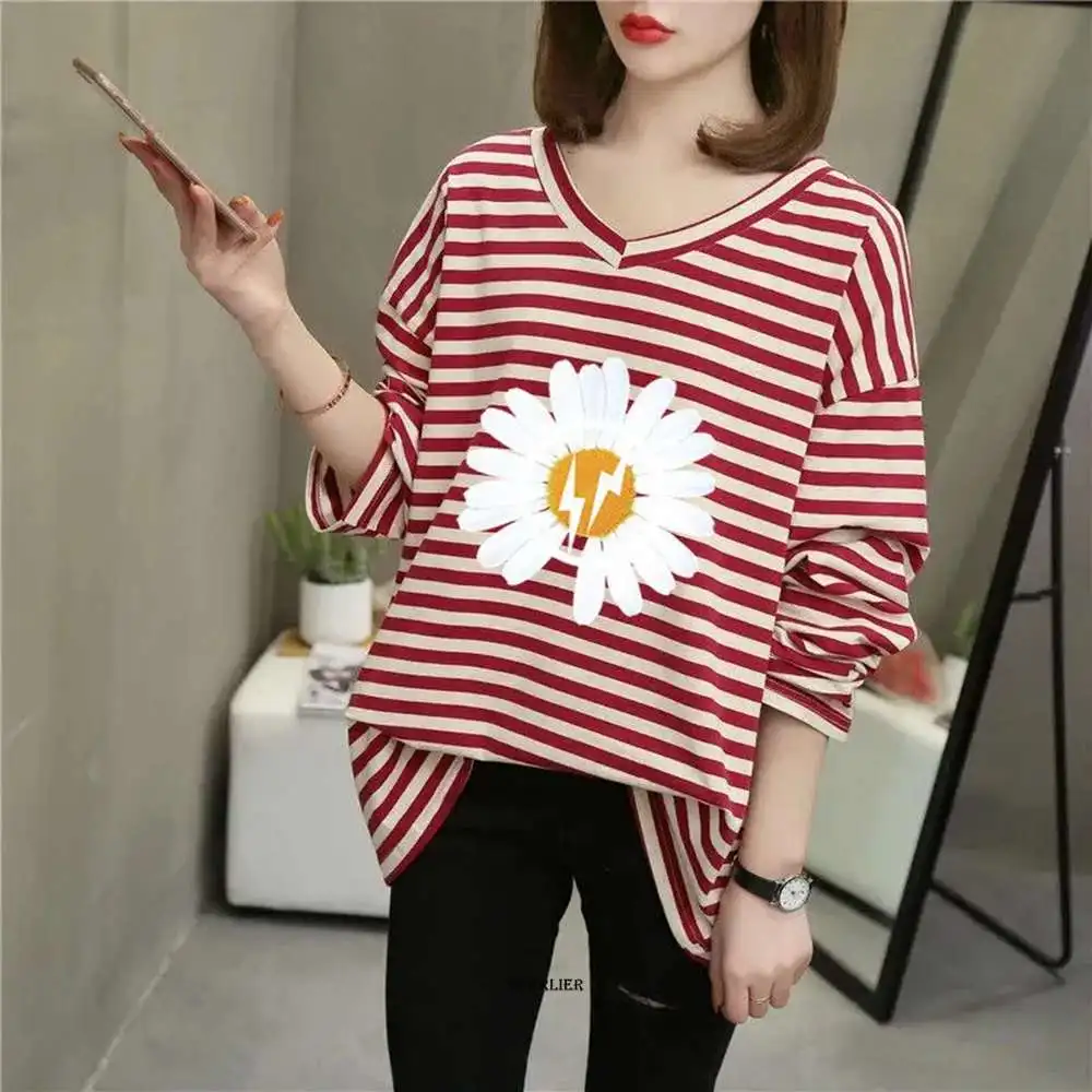 

Large Size 5XL 150kg Loose Long Sleeve Striped Tee Shirt Women Spring V-Neck Casual T-shirt Female Basic Korean Harajuku Tops