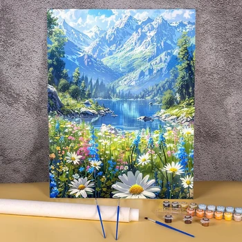 Dipingere con i Numeri per Adulti: Fiori e Montagne - Quadro da Parete Facile da Dipingere su Tela con Numeri, Pittura a Olio, Regalo Artigianale