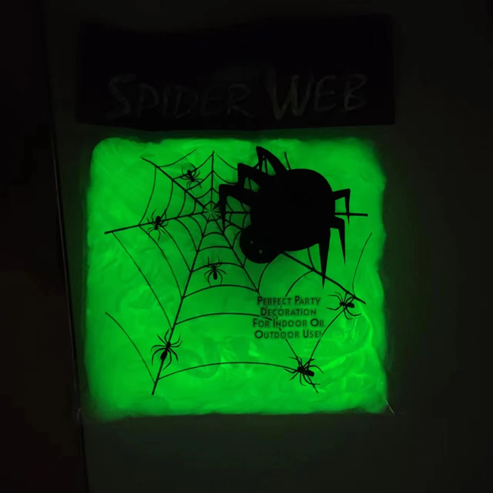 

Glow in The Dark Spider Web Halloween White Stretch Fake Cobwebs with black Spider Halloween party home haunted house decoration