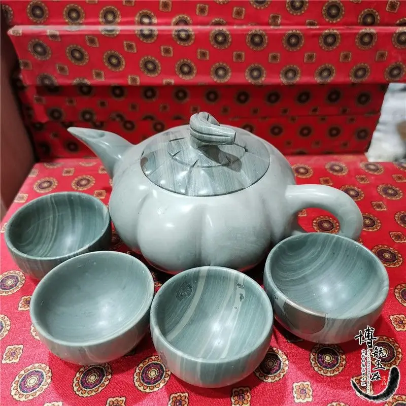 

Genuine Natural Jade Tea Set 1 Teapot 4 Teacup Health Gongfu Teaware Chinese Tea Ceremony Hand Carved Jades Kung Fu Teasets