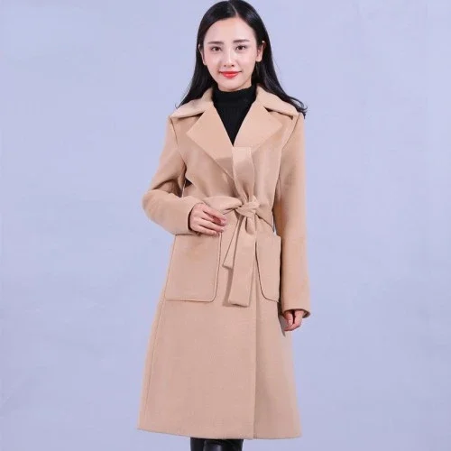 

Ladies Autumn Winter Brown Woolen Coat Women Long Sleeve Button Up Waisted Windbreaker Blend Coat Girls Lace Up Green Outerwear