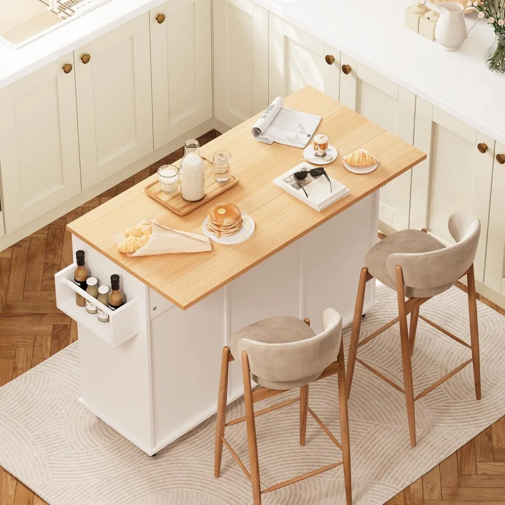 Rolling Kitchen Island with Trash Can Storage, 47.2” Kitchen Island Cart with Drop Leaf Countertop, Island Table with Drawer 2