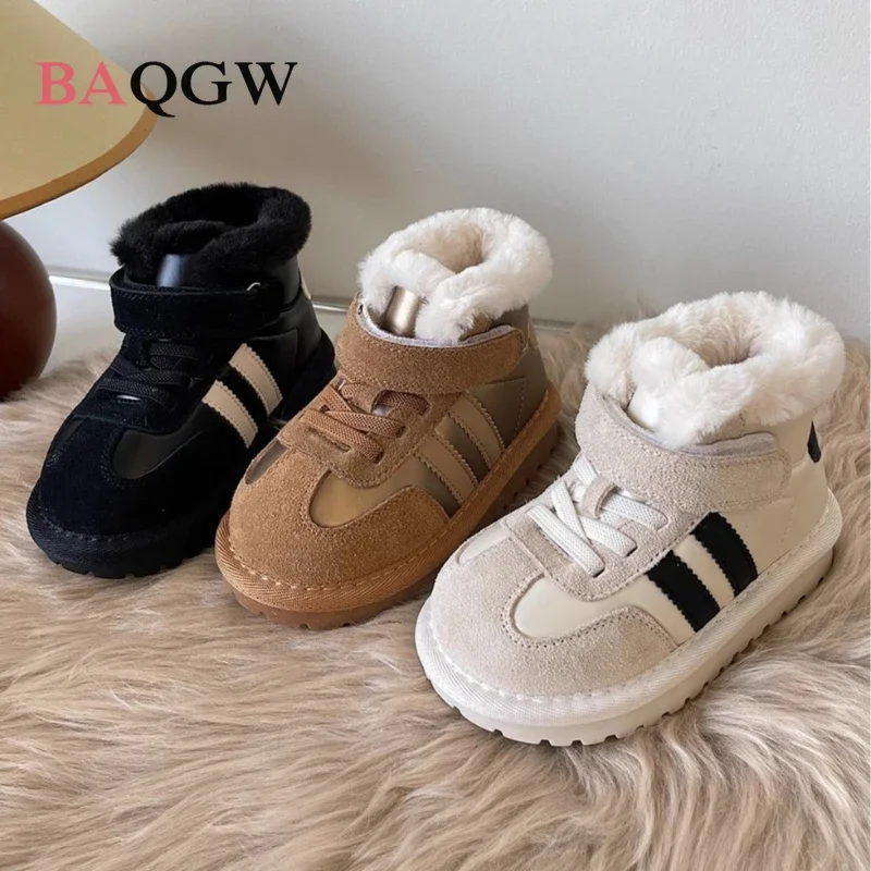 Baby Shoes Baby Boots Winter Snow Boots Autum Winter Children Snow Boots Boys New Striped Design Warm Plush Snow Boots Girls Patchwork Non-slip Infant Size 15-30