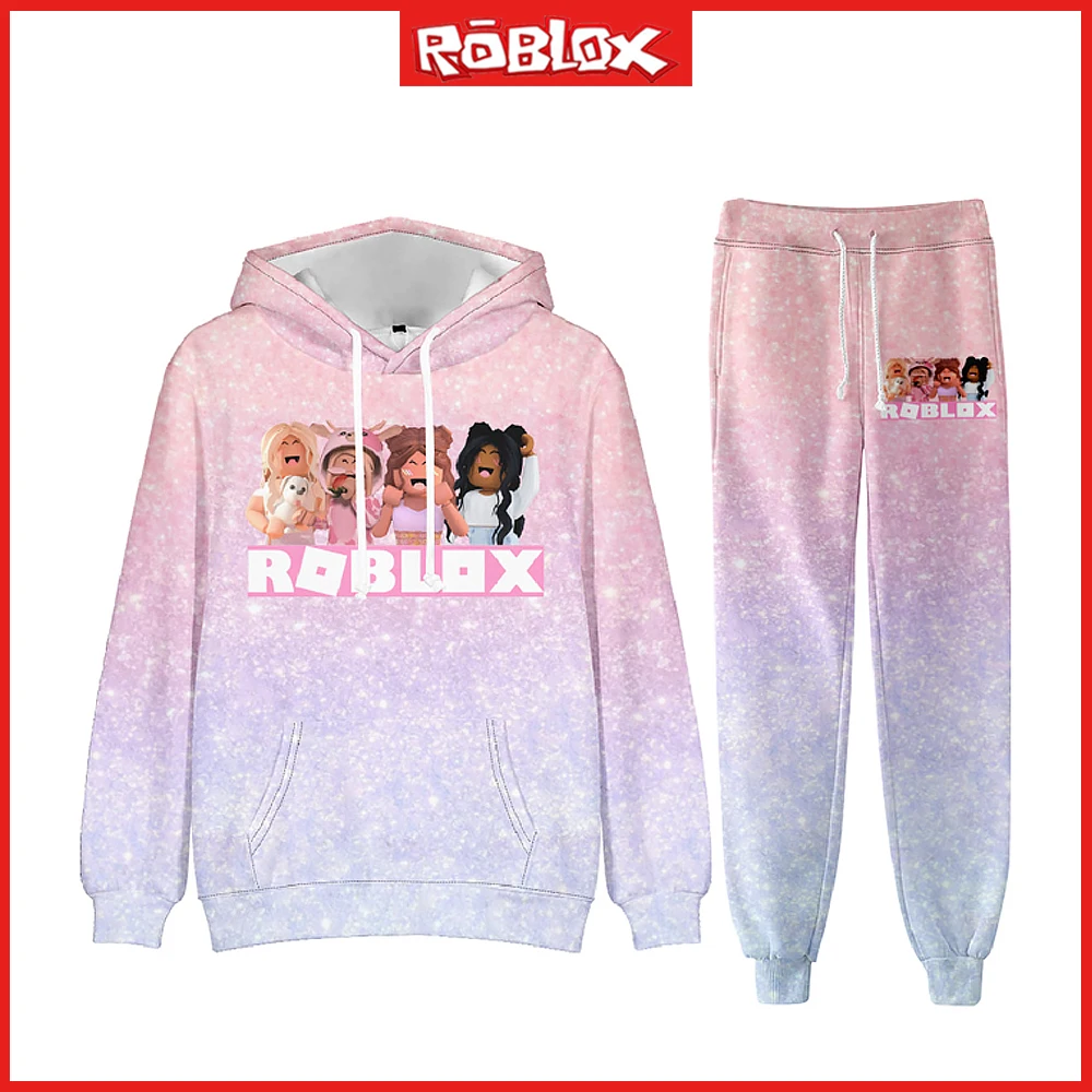 2023 Roblox Spring and Autumn Student Printed Hoodie and Ankle Pants 2 Pcs Set Cotton Casual Soft Kids Birthday Christmas Gift