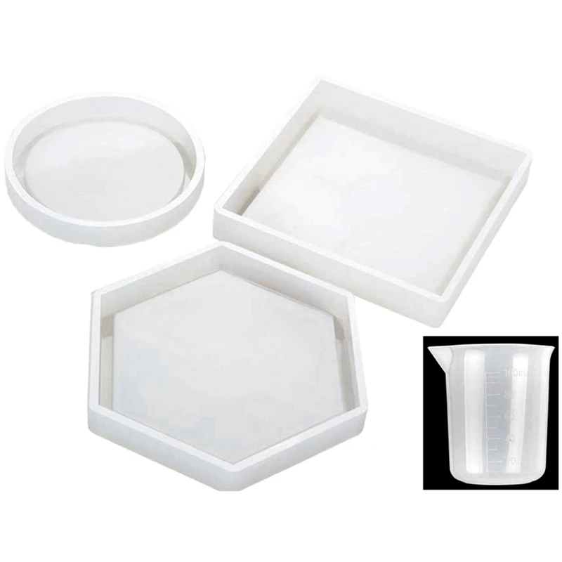 

Diy Silicone Coaster Resin Molds Epoxy Casting Molds Round, Hexagon And Square Mold With Nonstick Silicone Mixing Cup For Castin