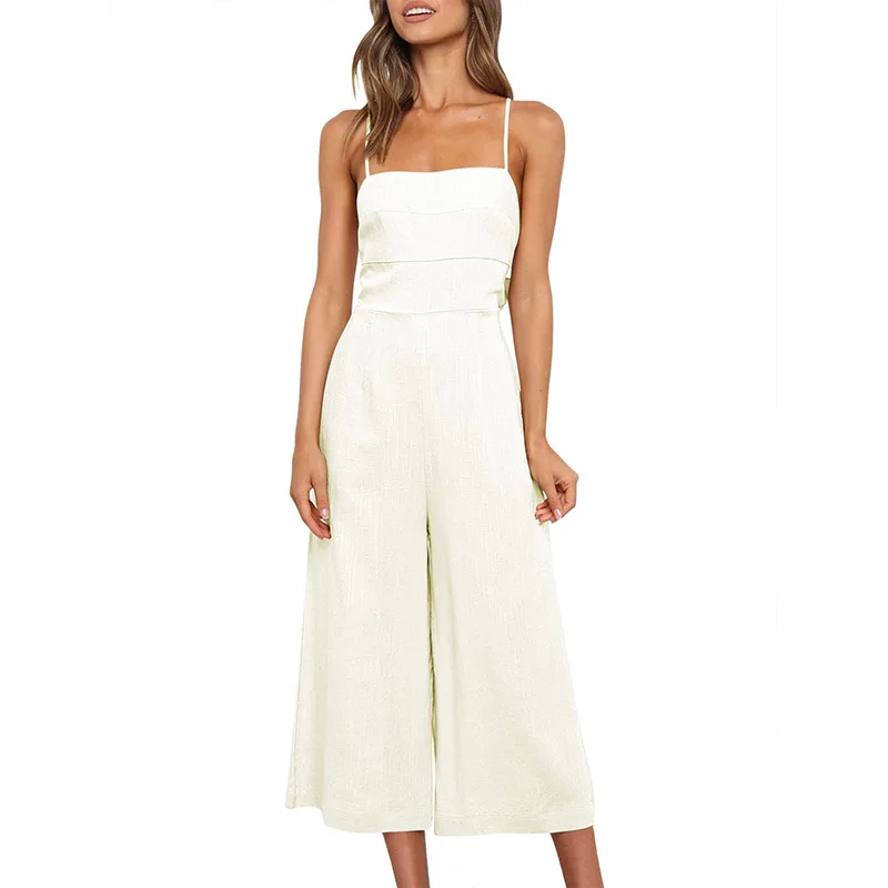 

Summer Jumpsuit Women High Waist Wide Leg Pant Sleeveless Spaghetti Strap Tie Back Combinaison Femme Rompers Backless Jumpsuit