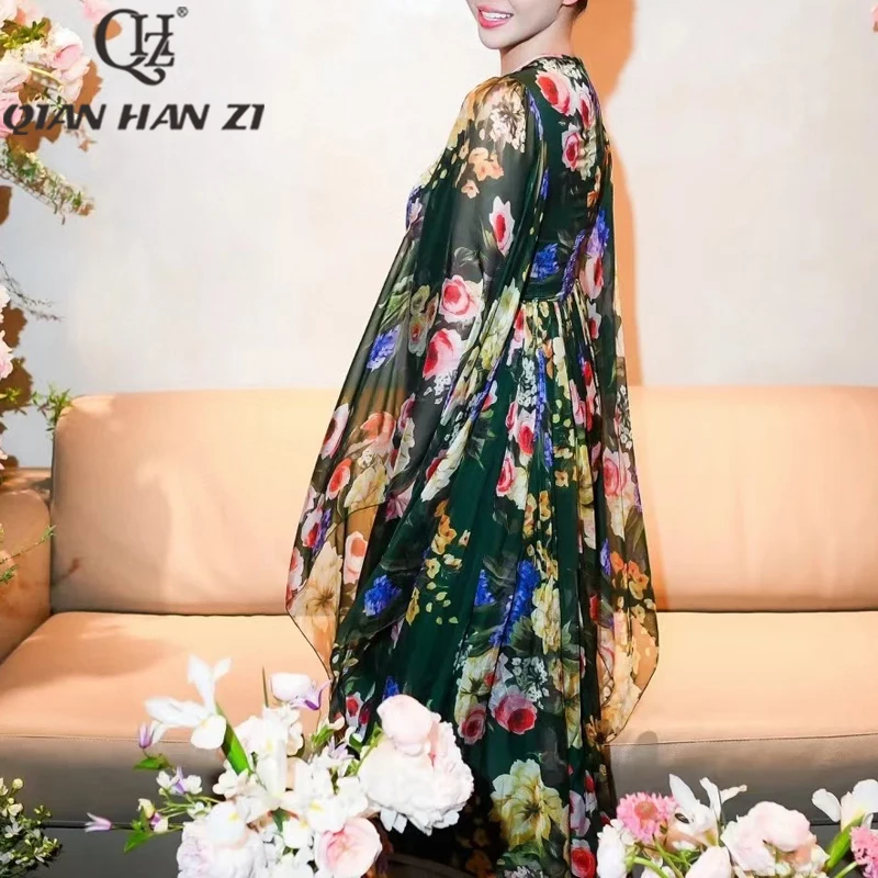 

QHZ Designer Fashion Ruffle Elegant Long Dress for Women Bat sleeve Vintage Flower print luxury Slim Beach vacation Maxi Dress