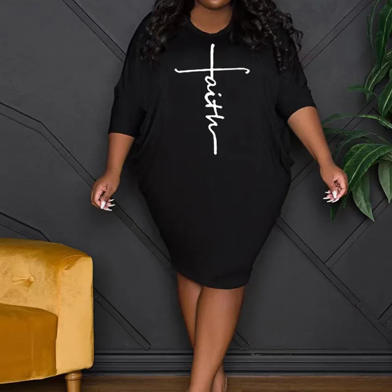 Spring Summer Clothes for Women Fashion Letter Printing Three Quarter Sleeve Round Neck Loose Plus Size Casual Midi Dresses