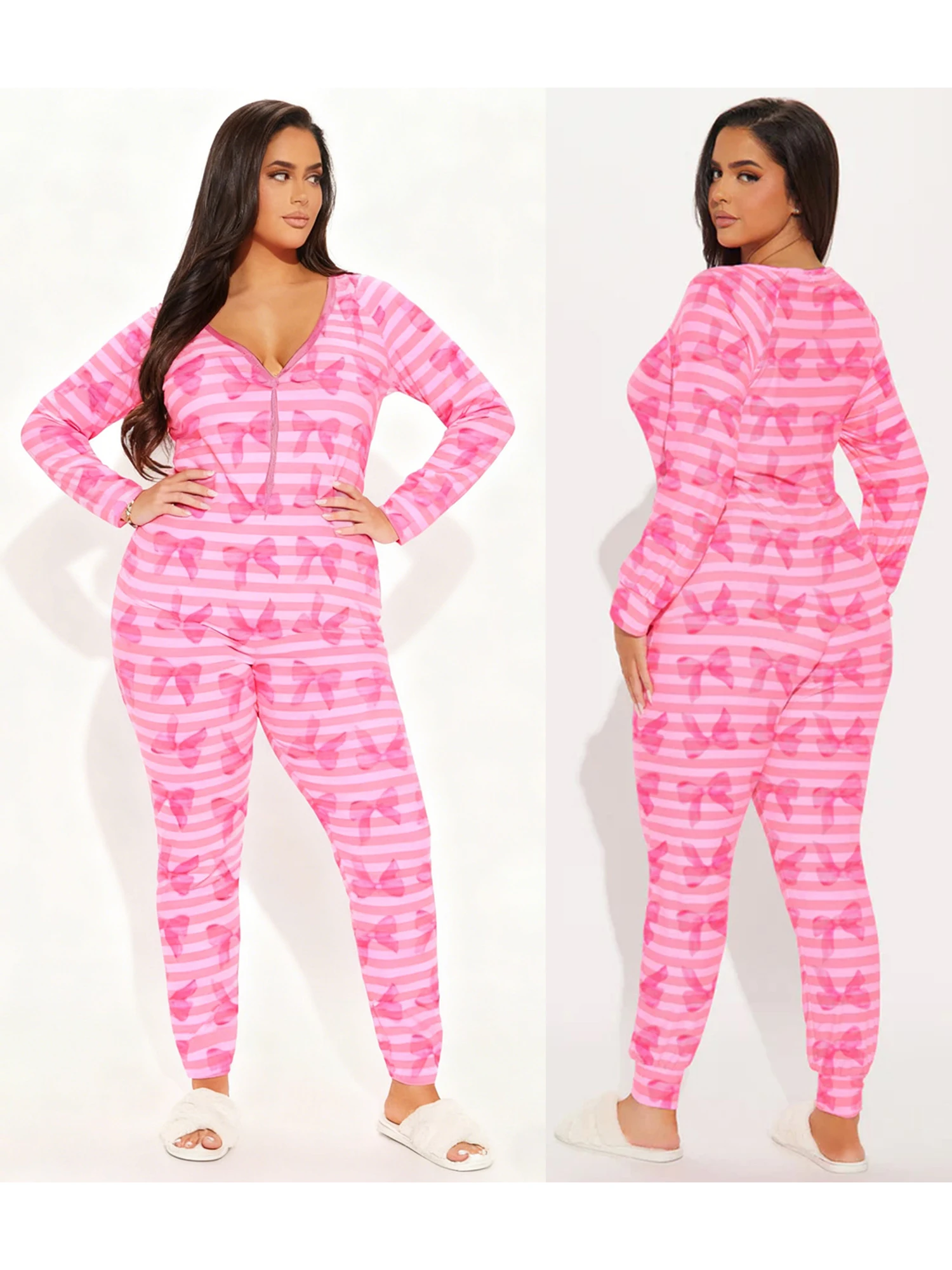 Women s Valentine s Day Jumpsuit Elegant  Fit Casual Heart Print Striped Button Up V-Neck Long Sleeve Romper with Bow Detail