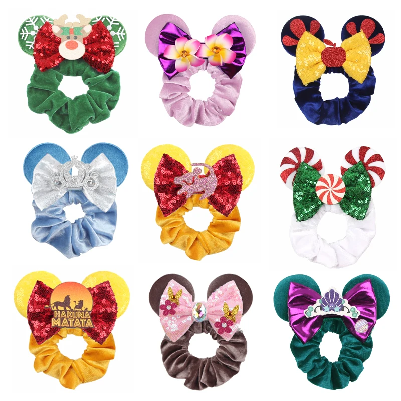 10Pcs/Lot Christmas Mouse Ears Hair Scrunchies Hair Tie Sequins Bows Elastic Velvet Hairband For Girls DIY Hair Accessories