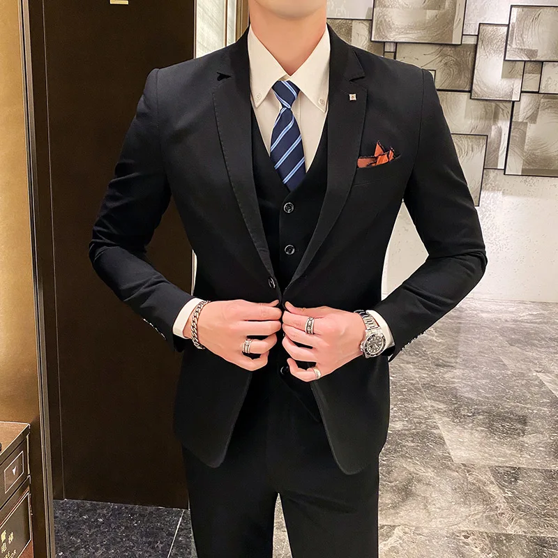 Men's Three-Piece Suit Set Solid Color Business Professional with Vest And Trousers