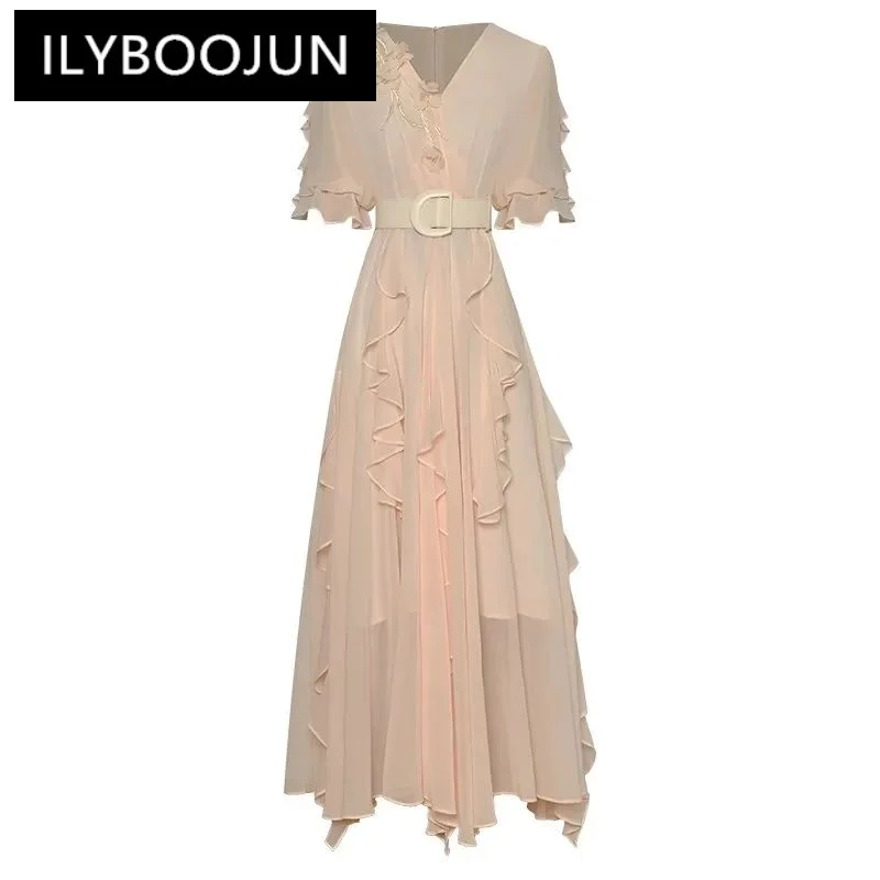 

ILYBOOJUN Summer Fashion Women's dress Applique Beaded V-neck Short sleeved Ruffles Lace up Holiday Party Chiffon Long Dresses