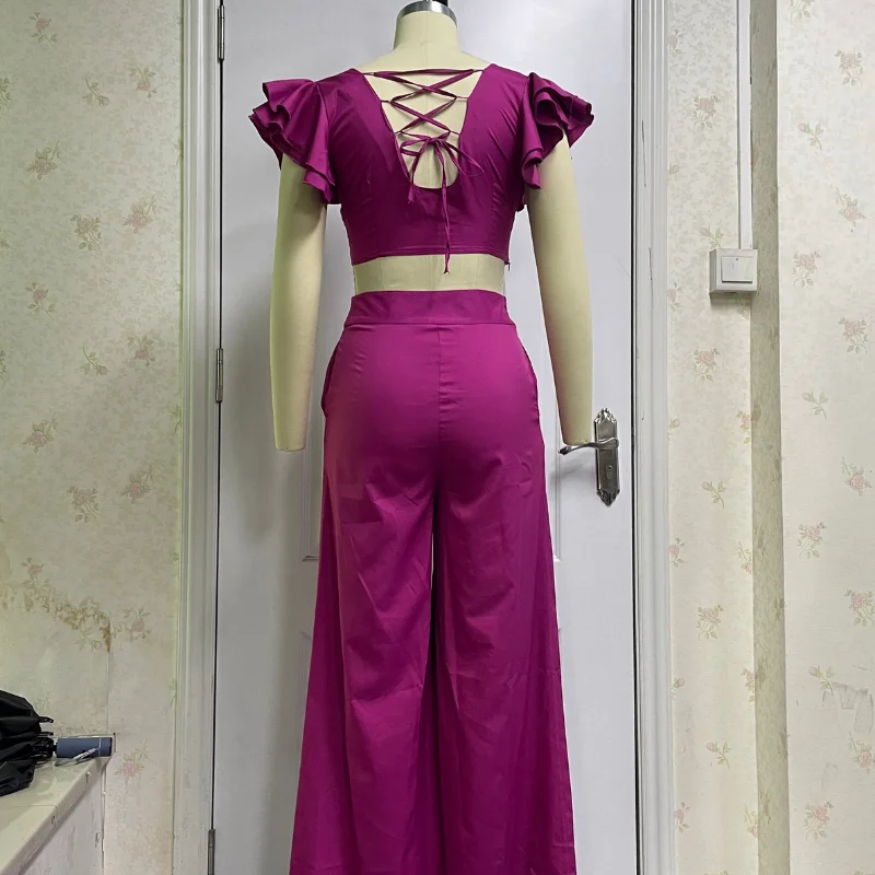 Ellafads Women's Two Piece Set Butterfly Sleeve Solid Color Two-Piece Set Sexy V-Neck Top Wide Leg Pant