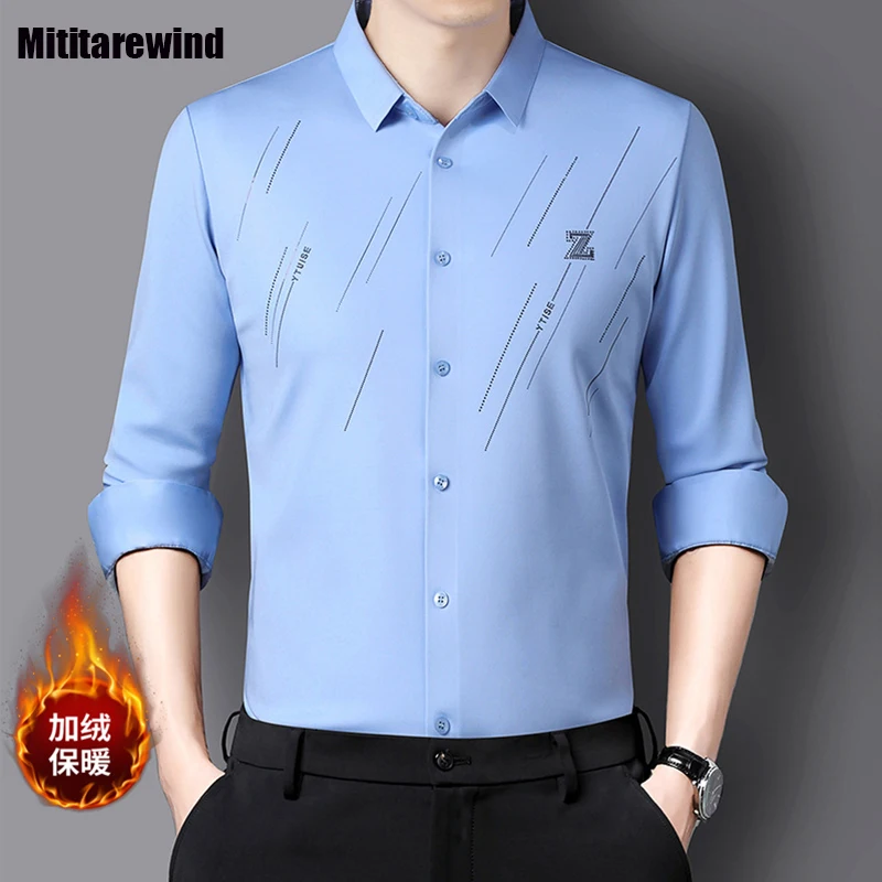 

Рубашка мужская с отложным воротником, модная теплая деловая Повседневная безшовная приталенная, с длинным рукавом, с флисовой подкладкой, зима