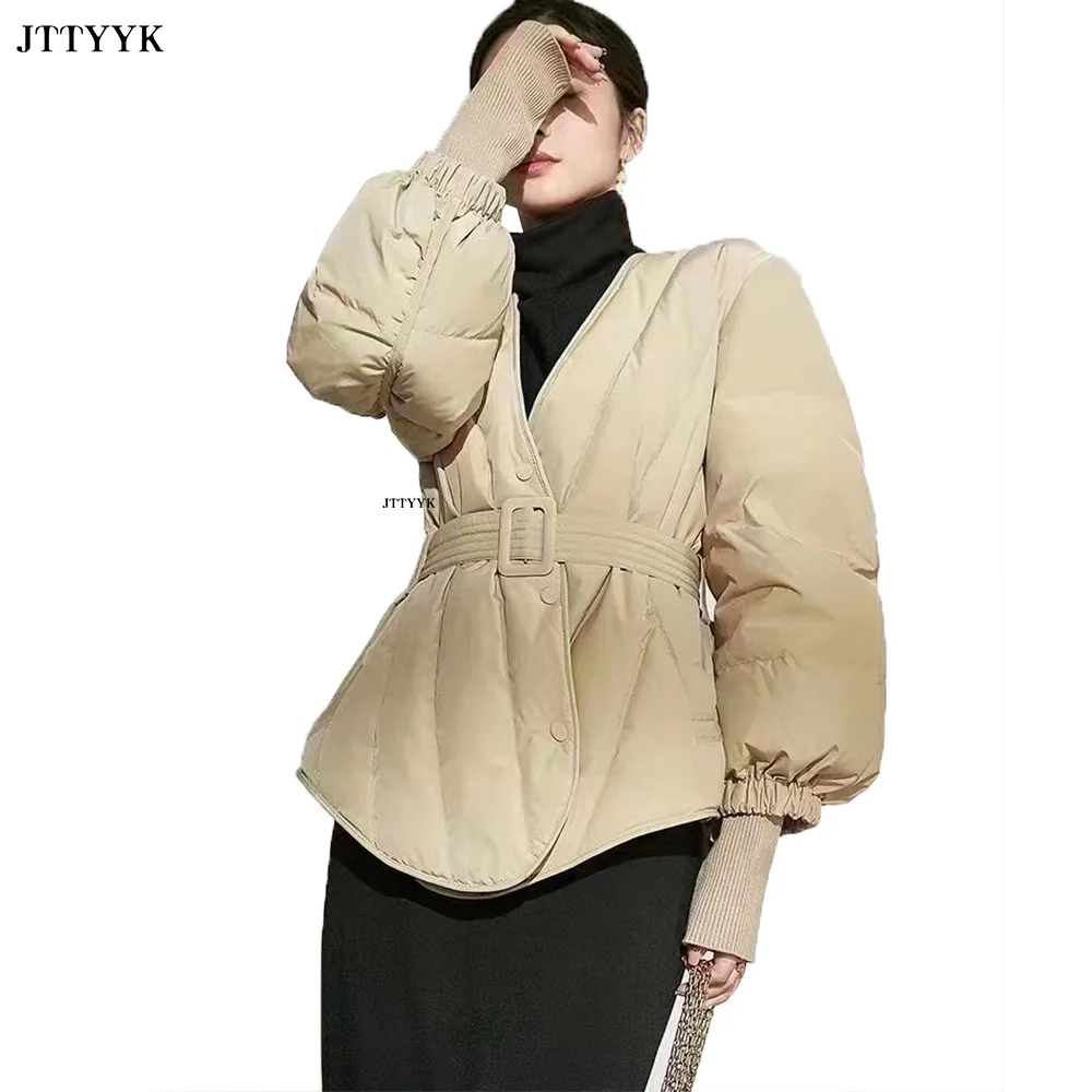 

Korean V-Neck Belted Autumn Winter Jacket Women Parka Elegant Long Sleeve Casual Solid Warmth 90% White Duck Down Coat Outerwear