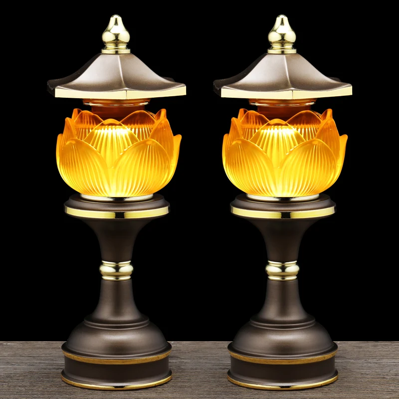 

A Pair 2PCS Wholesale Buddhism supply HOME Shop temple altar Buddhist worship tool high grade Lotus LED buddha Light 30cm tall
