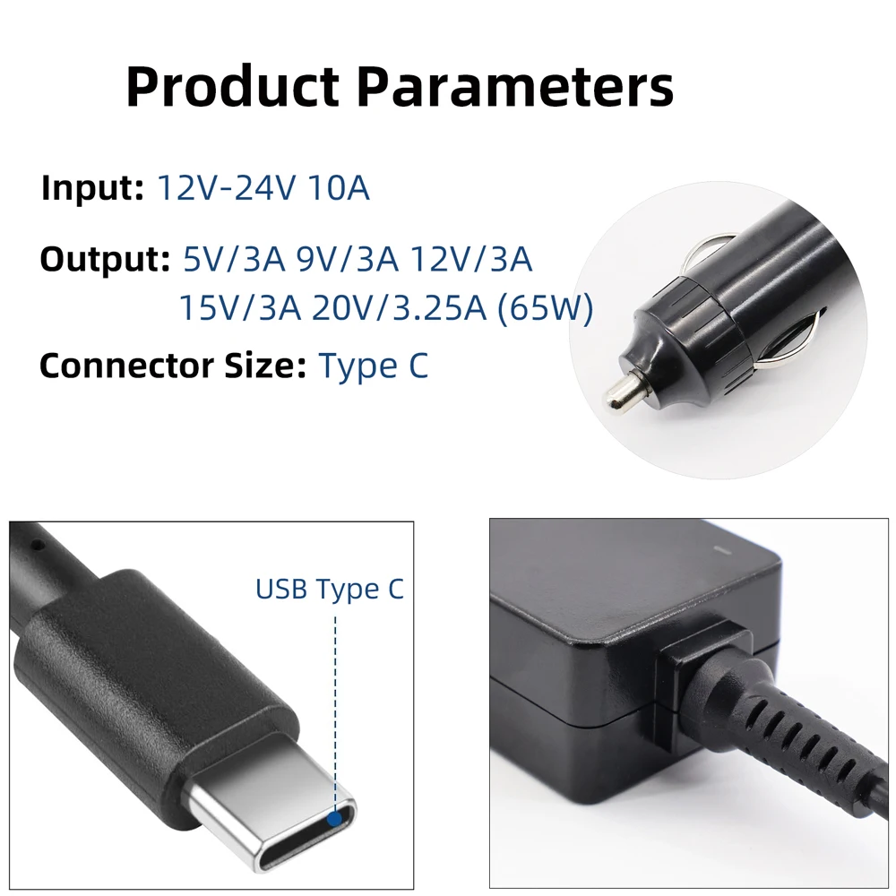 12V-24V 65W USB C 타입 C 범용 노트북 차량용 충전기 (맥북 프로/에어, 레노버, HP, ASUS 호환) 5V 9V 12V 15V 20V 3.25A DC 전원 어댑터