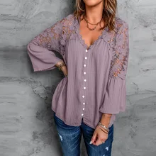 

women tops blouses Three Quarter sleeve V-Neck patchwork Lace button up shirt solid Streetwear casual blouse