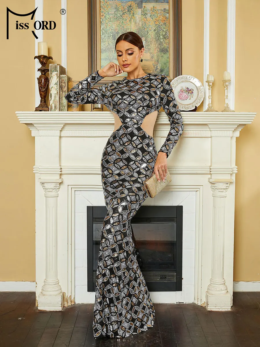 

Missord Black Ring Sequin Wedding Party Dress Women Elegant Long Sleeve Waist Cutout Bodycon Mermaid Evening Dresses Prom Gown