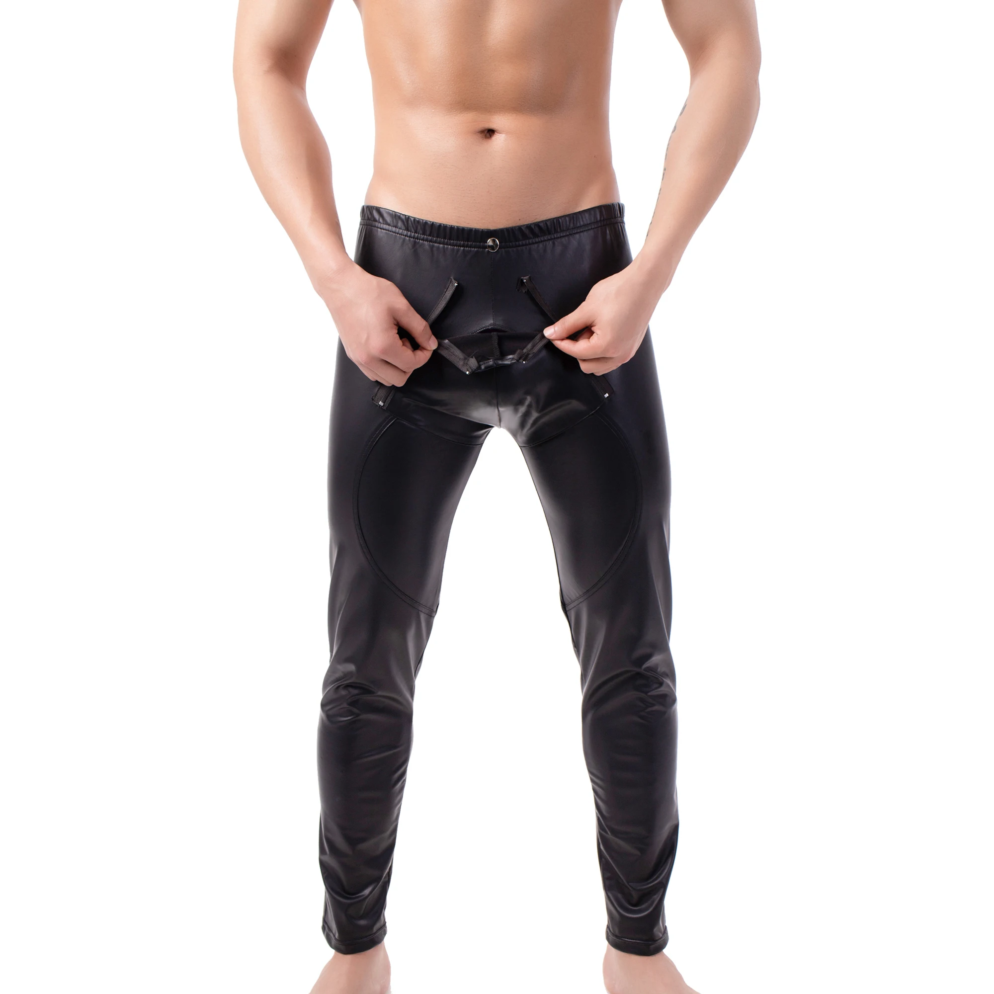 

Open Crotch Skinny Trousers Men's Black Leather Erotic Lingerie Tight Open Peni Bag Gay Nightclub Wear Wetlook Stage Costume