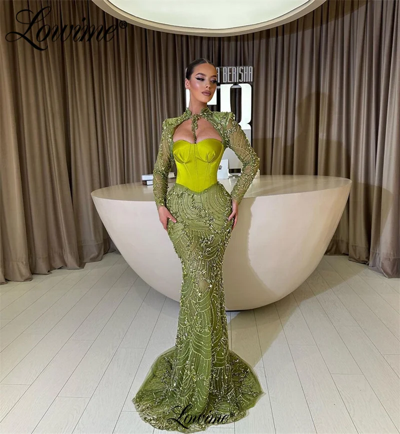 

Green Mermaid Long Sleeve Evening Dress Robe De Soirée 2023 Sequins Prom Celebrity Dresses Turkish Dubai Kaftans Party Gowns