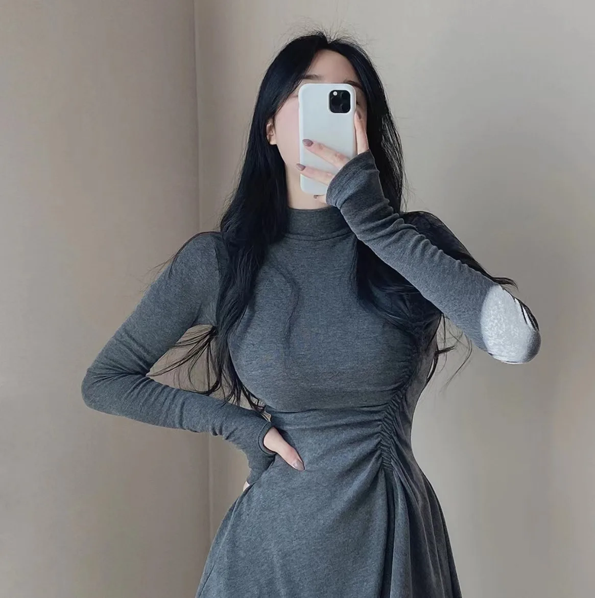 thumbnail image 1 of Vestidos de manga larga con cuello alto y corte A para mujer estilo coreano Y2K de primavera, 1 of 5