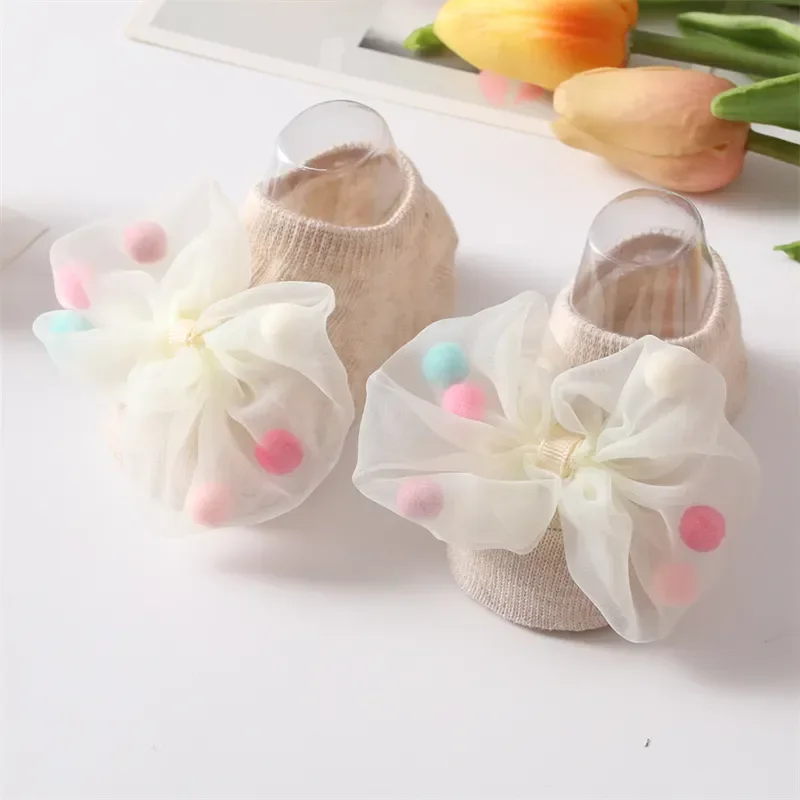Korean Baby Pompom Gauze Socks with Bow for Girls Rubber Anti-slip Newborn Infant Princess Socks Little Girl Socks 0-3 Years Old 6