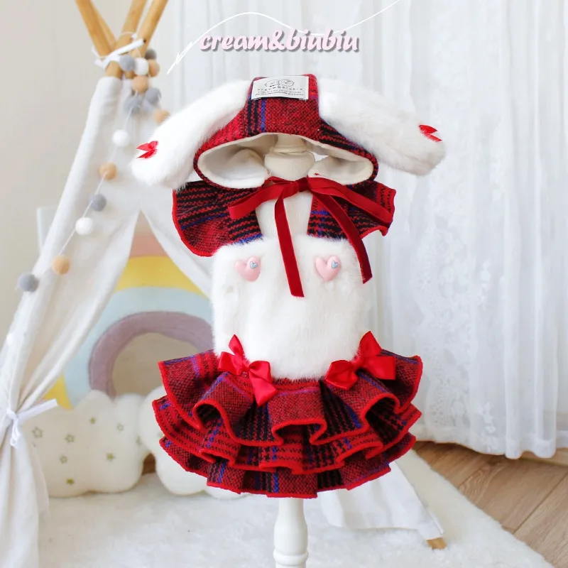 

Pet Dog Clothes Red Plaid Suspender Dress for Dogs Clothing Cat Small Bowknot Accesorios Cute Winter Chihuahua Pet Products 2023