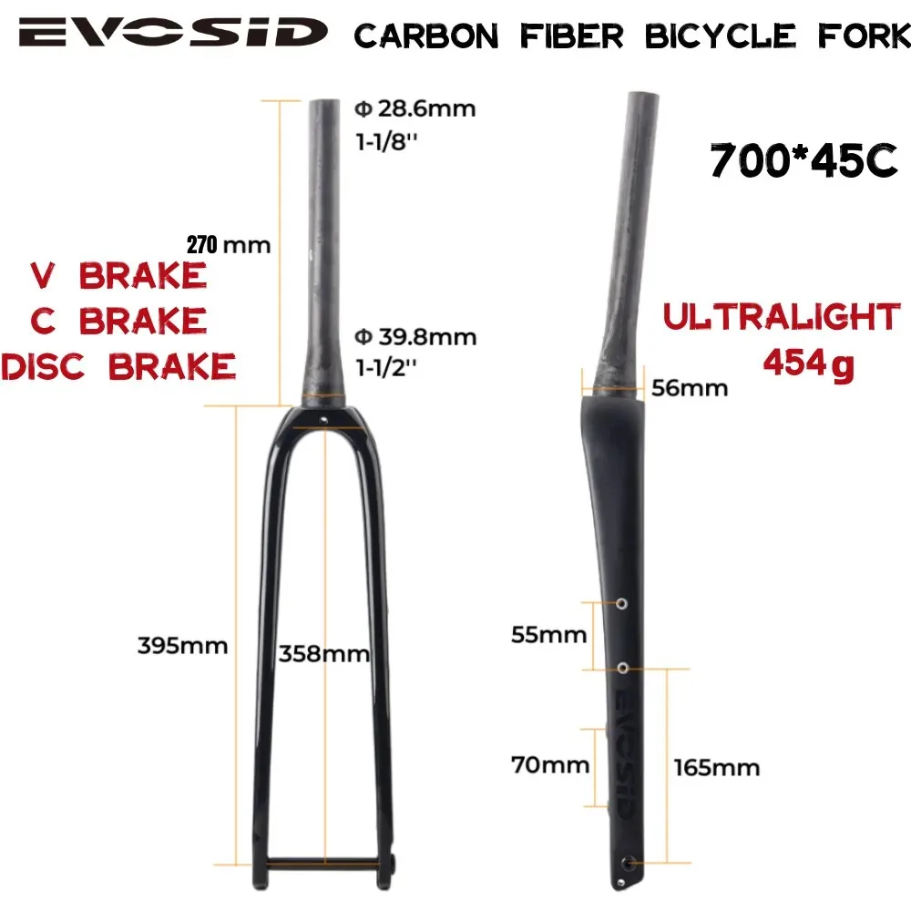 EVOSID Road Bike Front Fork 28.6mm Full Carbon Fiber Bike Rim 700*45C