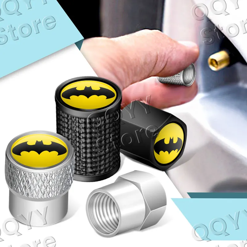4Pcs Comics Gelb Bat Auto Reifen Ventil Vorbauten Kappe Rändelung Stil Aluminium Reifen Wasserdichte Ventil Kappe auto Universal zubehör geschenk – Detail 1