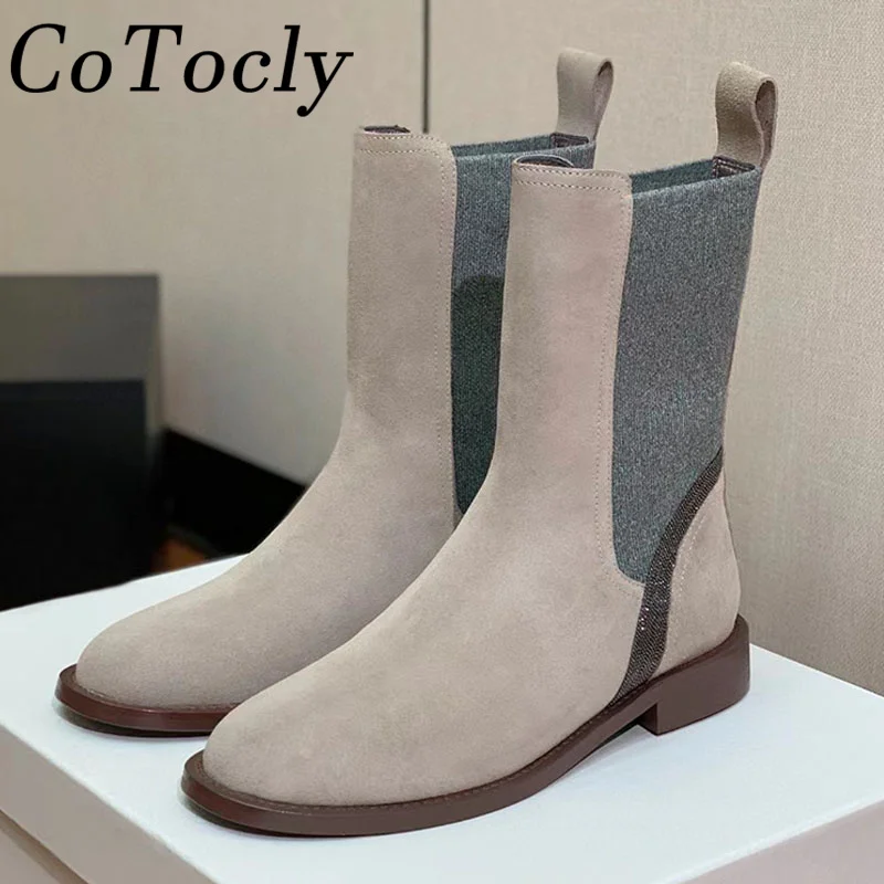 

Luxury Cow Suede Flat Knight Boots Woman Round Toe Slip-On Motorcycle Boots String Bead Runway Shoes Comfort Short Boots Women